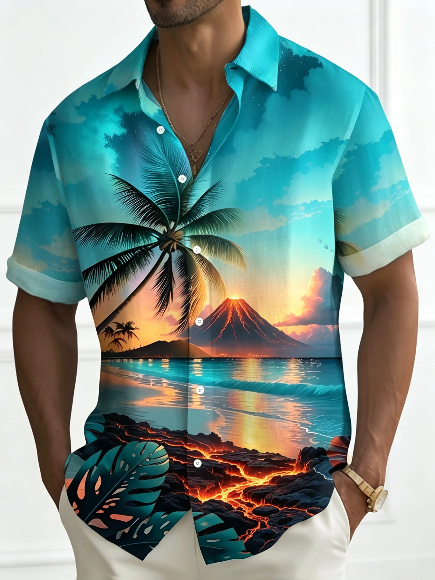 Men's Turquoise Sunset Volcano Beach Print Button Up Shirt, Turndown Collar Hawaiian Tops for Spring Summer Casual Daily Wear
Men's Turquoise Sunset Volcano Beach Print Button Up Shirt, Turndown Collar Hawaiian Tops for Spring Summer Casual Daily Wear