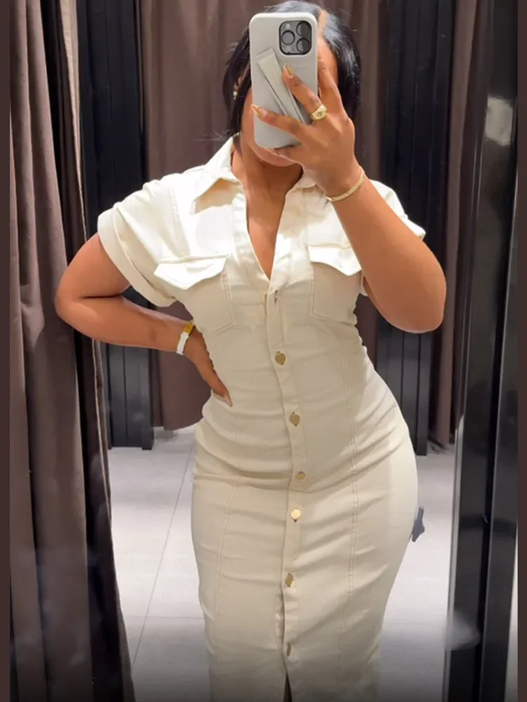 2025 Women Short Sleeve Denim Dress Elegant Lapel Pockets Single Breasted High Waist Midi Vestido 2025 Lady Commute Chic Robe
2025 Women Short Sleeve Denim Dress Elegant Lapel Pockets Single Breasted High Waist Midi Vestido 2025 Lady Commute Chic Robe