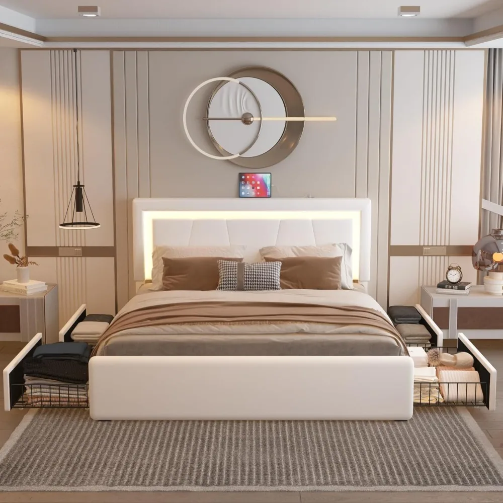 Queen Size Bed Frame with LED Lights and 4 Stoarge Drawers, Adjustable Headboard, Upholstered Platform Bed with Type-C&USB Ports 
Queen Size Bed Frame with LED Lights and 4 Stoarge Drawers, Adjustable Headboard, Upholstered Platform Bed with Type-C&USB Ports