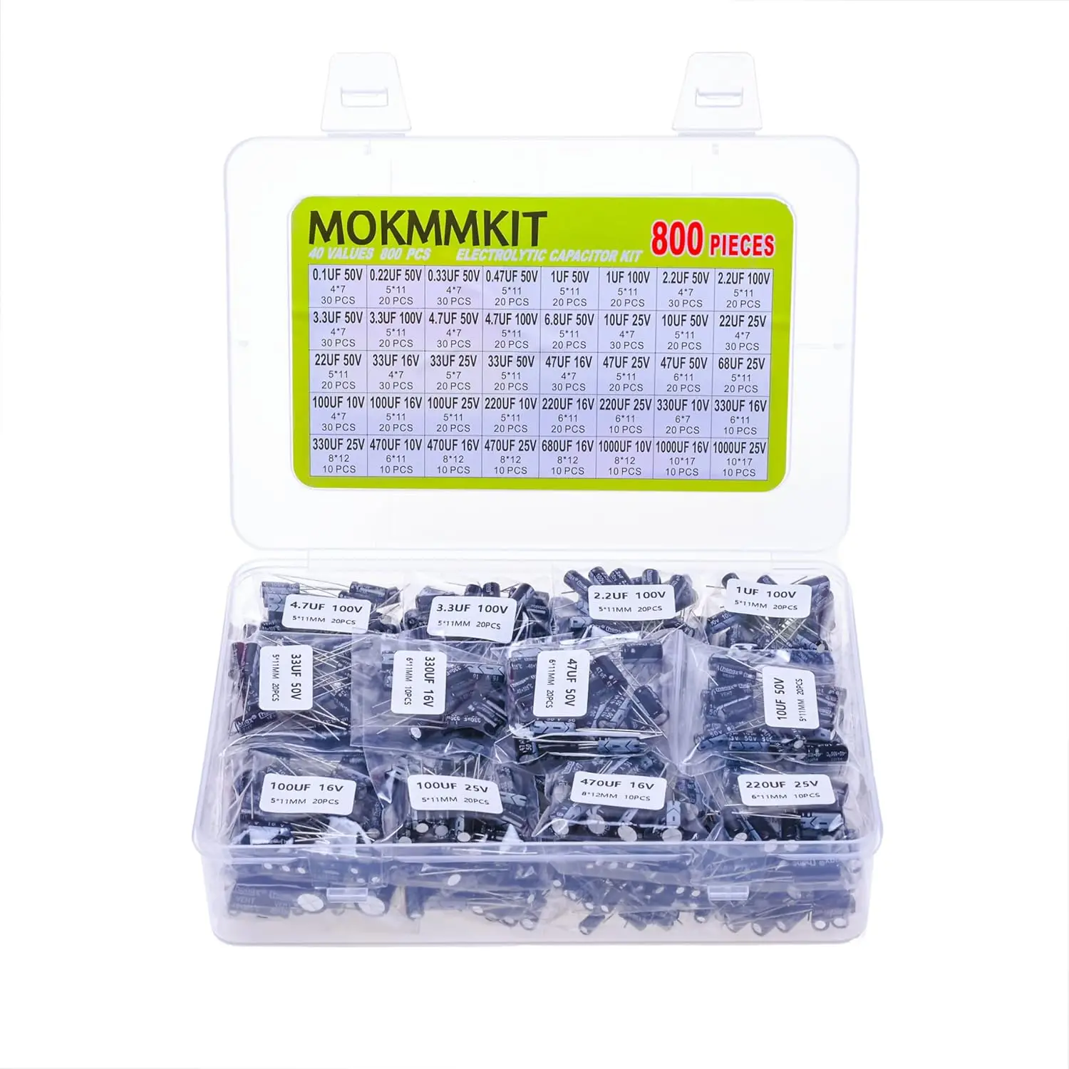 40 Values 800pcs 0.1uF-1000uF 10V-100V Electrolytic Capacitor Assortment Kit, DIY In-Line Aluminum Capacitors
40 Values 800pcs 0.1uF-1000uF 10V-100V Electrolytic Capacitor Assortment Kit, DIY In-Line Aluminum Capacitors