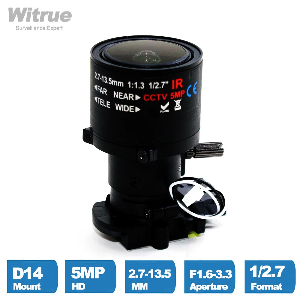 Witrue Varifocal Lens 2.7-13.5MM HD 5MP D14 Mount F1.3 1/2.7" Manual Zoom IR Cut Filter for Surveillance Security Cameras
Witrue Varifocal Lens 2.7-13.5MM HD 5MP D14 Mount F1.3 1/2.7" Manual Zoom IR Cut Filter for Surveillance Security Cameras