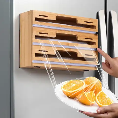 Dispenser per involucro da cucina 1pc con scatola per taglierina per pellicola e pellicola trasparente, supporto per taglio di sacchetti di bambù fresco, sacchetto della spazzatura e sacchetto di plastica St in legno