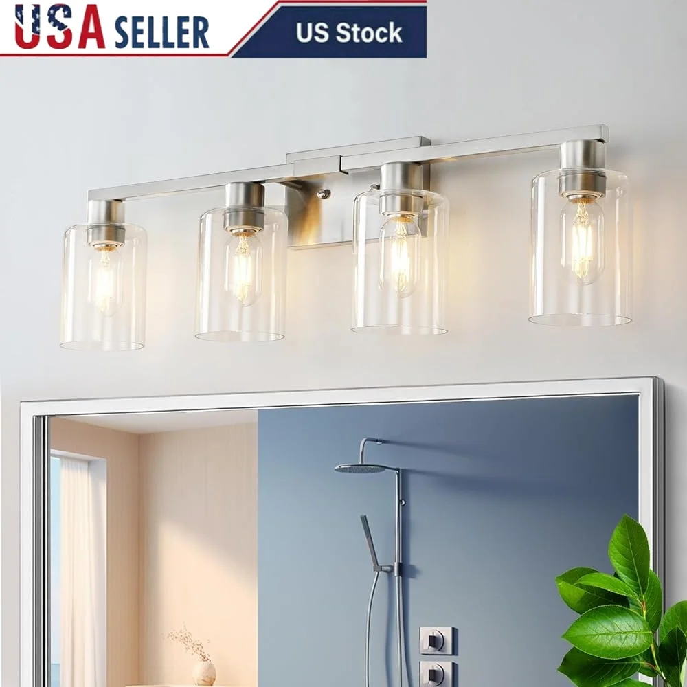 4 Light Bathroom Vanity Fixture Brushed Nickel Modern Lighting Clear Glass Shade Dimmable Compatible E26 Bulbs Easy Installation
4 Light Bathroom Vanity Fixture Brushed Nickel Modern Lighting Clear Glass Shade Dimmable Compatible E26 Bulbs Easy Installation