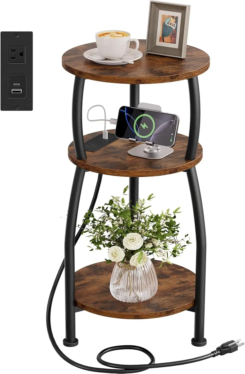 Round Side Table with Power Outlet & USB Ports, 3-Tier End Table with Storage Shelf, Modern Rustic Nightstand, Small Spaces A
Round Side Table with Power Outlet & USB Ports, 3-Tier End Table with Storage Shelf, Modern Rustic Nightstand, Small Spaces A