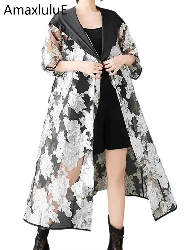 AmaxluluE Summer Womens Fashion Sexy Mesh Hooded Floral Trench Ladies Loose Casual Long Sun-proof Coats Oversized Windbreakers
AmaxluluE Summer Womens Fashion Sexy Mesh Hooded Floral Trench Ladies Loose Casual Long Sun-proof Coats Oversized Windbreakers