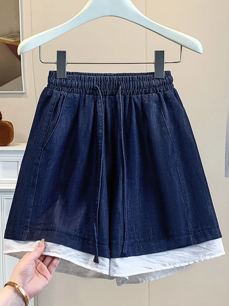 Color Blocked Spliced Denim Shorts for Women Summer Retro Fashion Versatile Elastic Waist Drawstring Shorts Loose Wide Leg Short
Color Blocked Spliced Denim Shorts for Women Summer Retro Fashion Versatile Elastic Waist Drawstring Shorts Loose Wide Leg Short