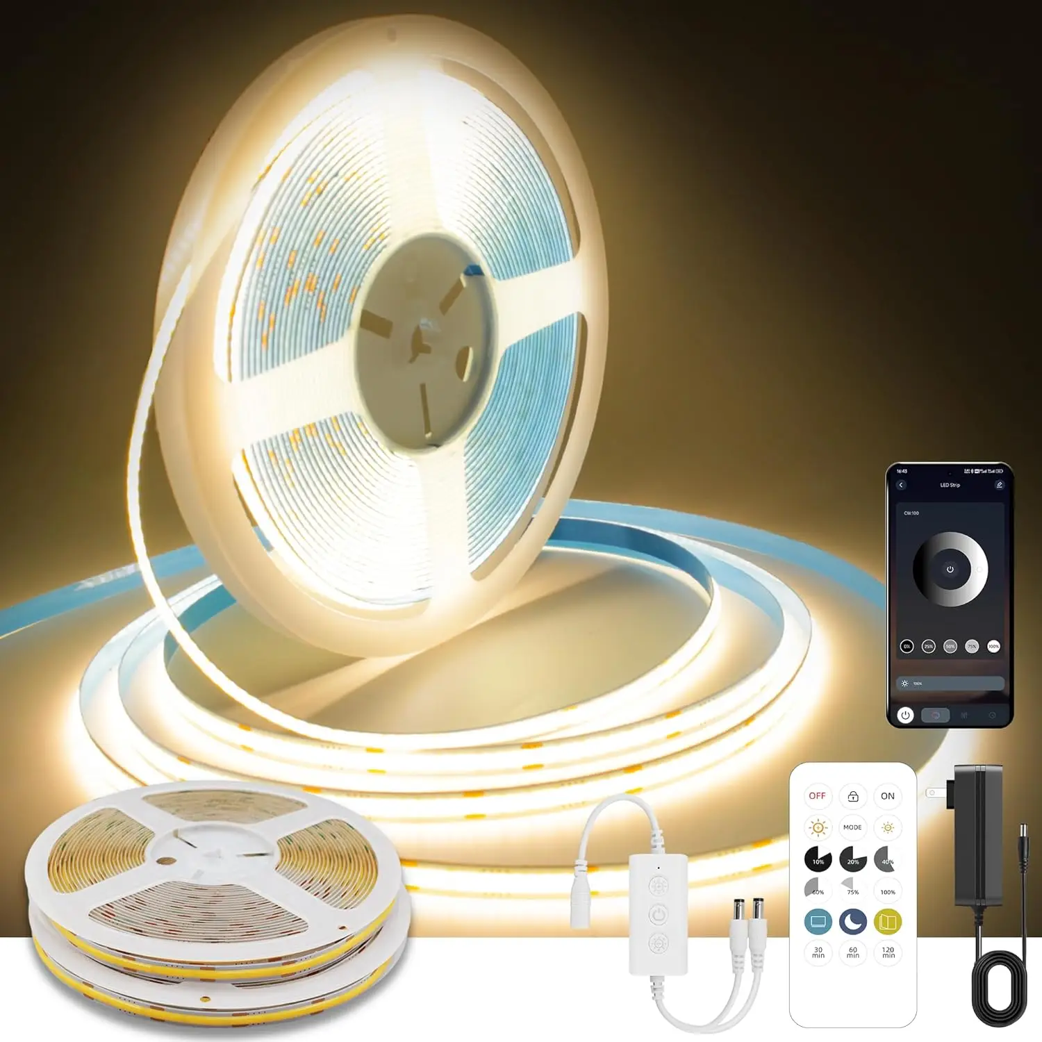 24V Dimmable COB LED Strip Lights, 3000K Warm White, 50ft Remote & App Control, Flexible Cuttable for Home Lighting
24V Dimmable COB LED Strip Lights, 3000K Warm White, 50ft Remote & App Control, Flexible Cuttable for Home Lighting