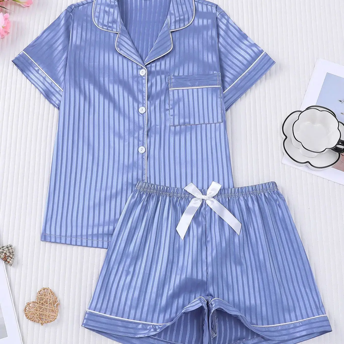 Dusty Blue Striped Satin Pajamas for Women Short Sleeve Top + Bow Shorts 2 Piece Set Summer Silky Homewear
Dusty Blue Striped Satin Pajamas for Women Short Sleeve Top + Bow Shorts 2 Piece Set Summer Silky Homewear