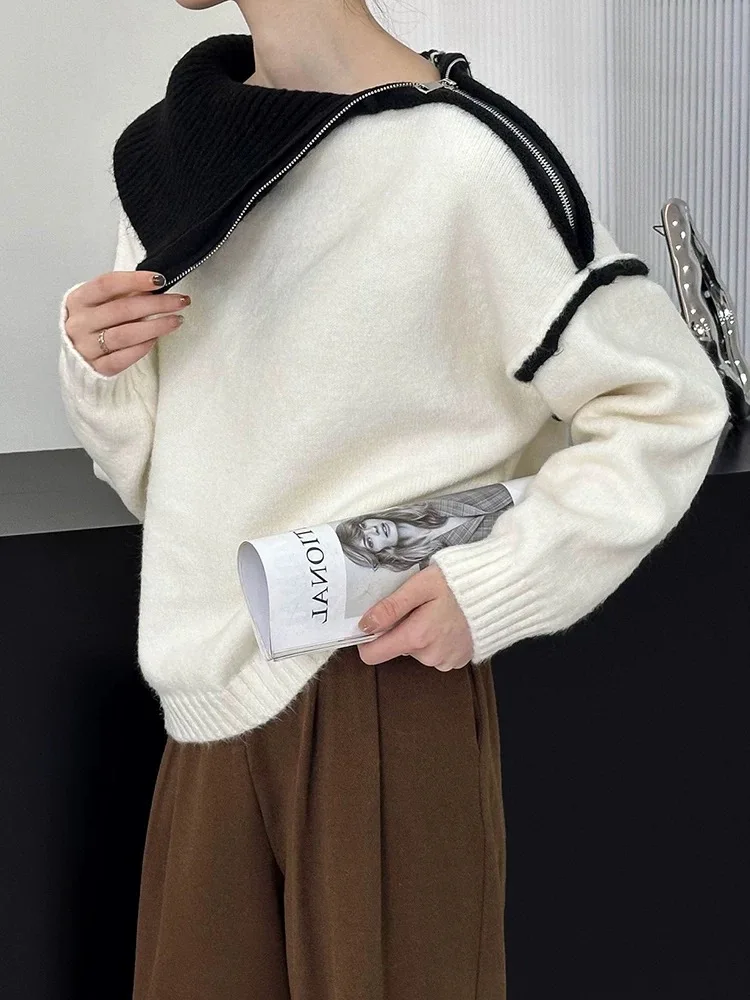 Французский модный женский серый, белый лоскутный короткий свитер с длинными рукавами, осень-зима 2022, праздничный пуловер, вязаные топы, одежда 
Французский модный женский серый, белый лоскутный короткий свитер с длинными рукавами, осень-зима 2022, праздничный пуловер, вязаные топы, одежда