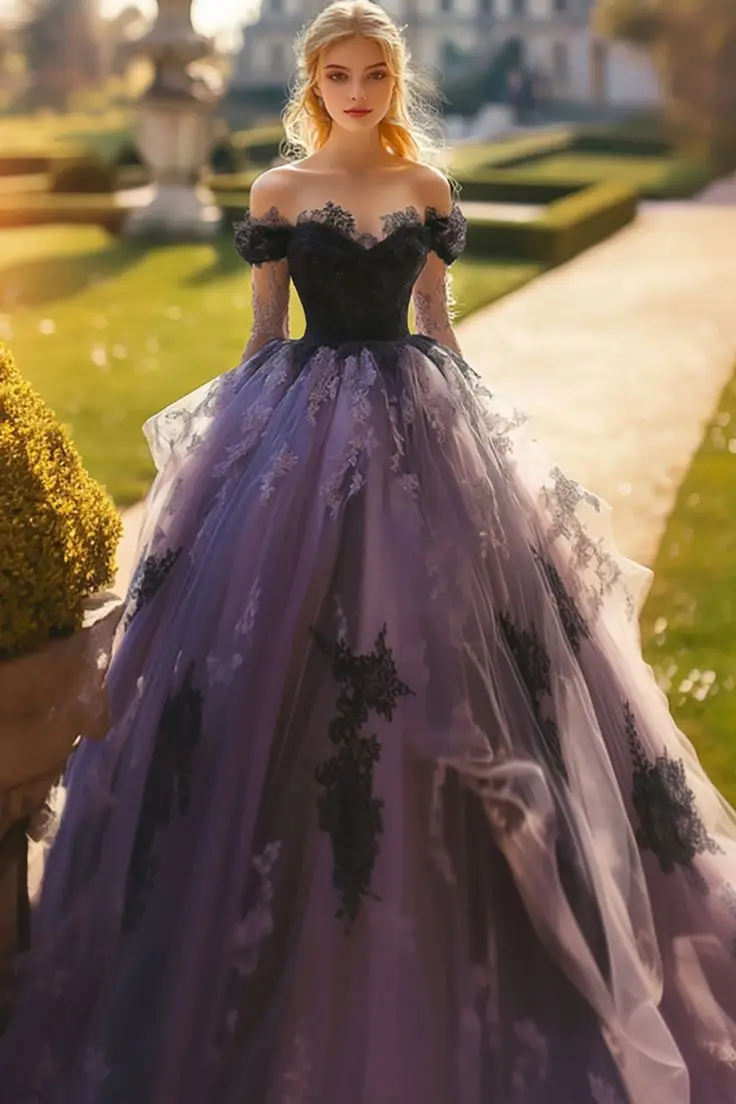 Off Shoulder Long Sleeves Prom Dress Purple Lace Black Appliques Sweetheart Evening Gowns Formal Party Women Gown Custom Made
Off Shoulder Long Sleeves Prom Dress Purple Lace Black Appliques Sweetheart Evening Gowns Formal Party Women Gown Custom Made