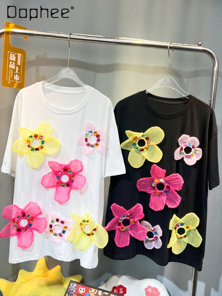 Fashionable Flower Decorative Round Neck T-shirt for Women 2024 Summer Loose All-Match Mid-Length Rhinestone Short Sleeve Top
Fashionable Flower Decorative Round Neck T-shirt for Women 2024 Summer Loose All-Match Mid-Length Rhinestone Short Sleeve Top