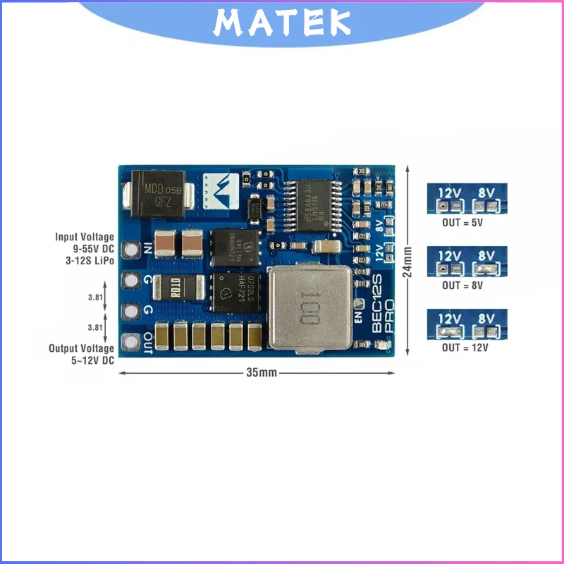 MATEK BEC12S-PRO 9-55V to 5V/8V/12V 5A Step-Down Converter - Overcurrent Protection & Self-Recovery for RC FPV Drone Systems
MATEK BEC12S-PRO 9-55V to 5V/8V/12V 5A Step-Down Converter - Overcurrent Protection & Self-Recovery for RC FPV Drone Systems