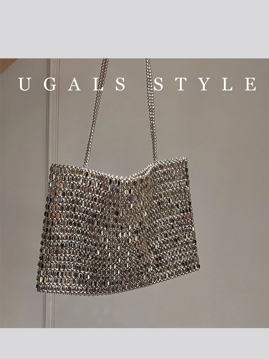 UGALS Retro Metal Silver Shiny Handwoven Tote Bag Shopping Bag Underarm Handbag Beaded British Style Casual Shoulder Bag
UGALS Retro Metal Silver Shiny Handwoven Tote Bag Shopping Bag Underarm Handbag Beaded British Style Casual Shoulder Bag