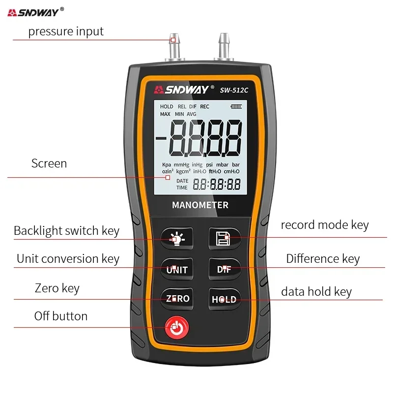SNDWAY SW-512 Digital Air Pressure Gauge Professional Manometer ±103.42 KPa Differential Pressure Detector Meter Kit Tool
SNDWAY SW-512 Digital Air Pressure Gauge Professional Manometer ±103.42 KPa Differential Pressure Detector Meter Kit Tool