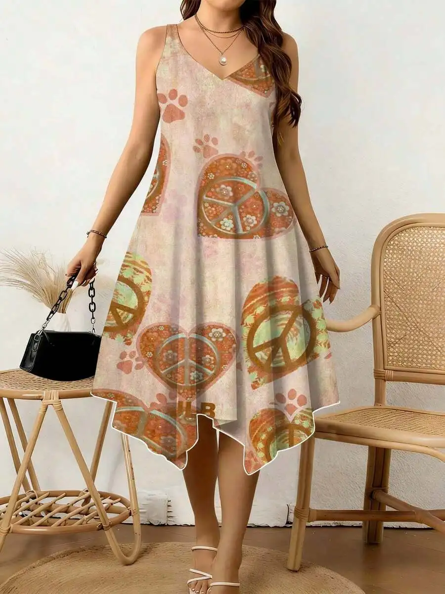 Women V-Neck Sleeveless Dress With Peace Sign And Paw Print Motif, Asymmetrical Hemline For Summer Beach, Festival Or Casual
Women V-Neck Sleeveless Dress With Peace Sign And Paw Print Motif, Asymmetrical Hemline For Summer Beach, Festival Or Casual