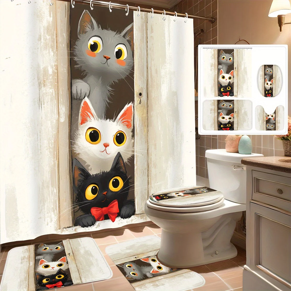 Набор из 4 занавесок для душа, дизайн Cute Peeking Cats, современный декор для ванной комнаты, в комплект входит 12 крючков, нескользящий коврик для ванной, U-образная форма
Набор из 4 занавесок для душа, дизайн Cute Peeking Cats, современный декор для ванной комнаты, в комплект входит 12 крючков, нескользящий коврик для ванной, U-образная форма