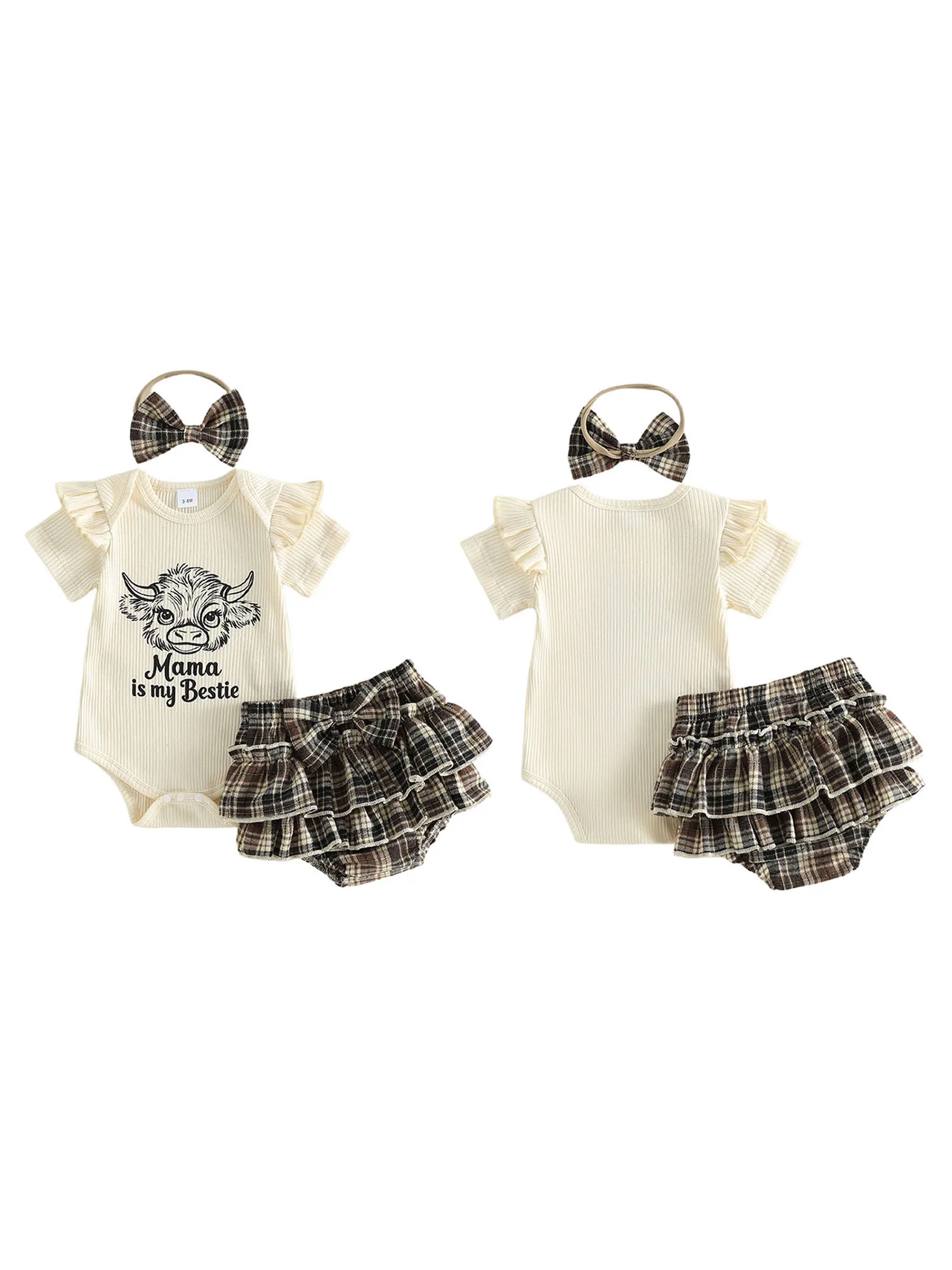 Комплект одежды для маленьких девочек из 3 предметов: комбинезон с короткими рукавами и рюшами, юбка-шорты с эластичной резинкой на талии и повязка на голову с изображением быка.
Комплект одежды для маленьких девочек из 3 предметов: комбинезон с короткими рукавами и рюшами, юбка-шорты с эластичной резинкой на талии и повязка на голову с изображением быка.