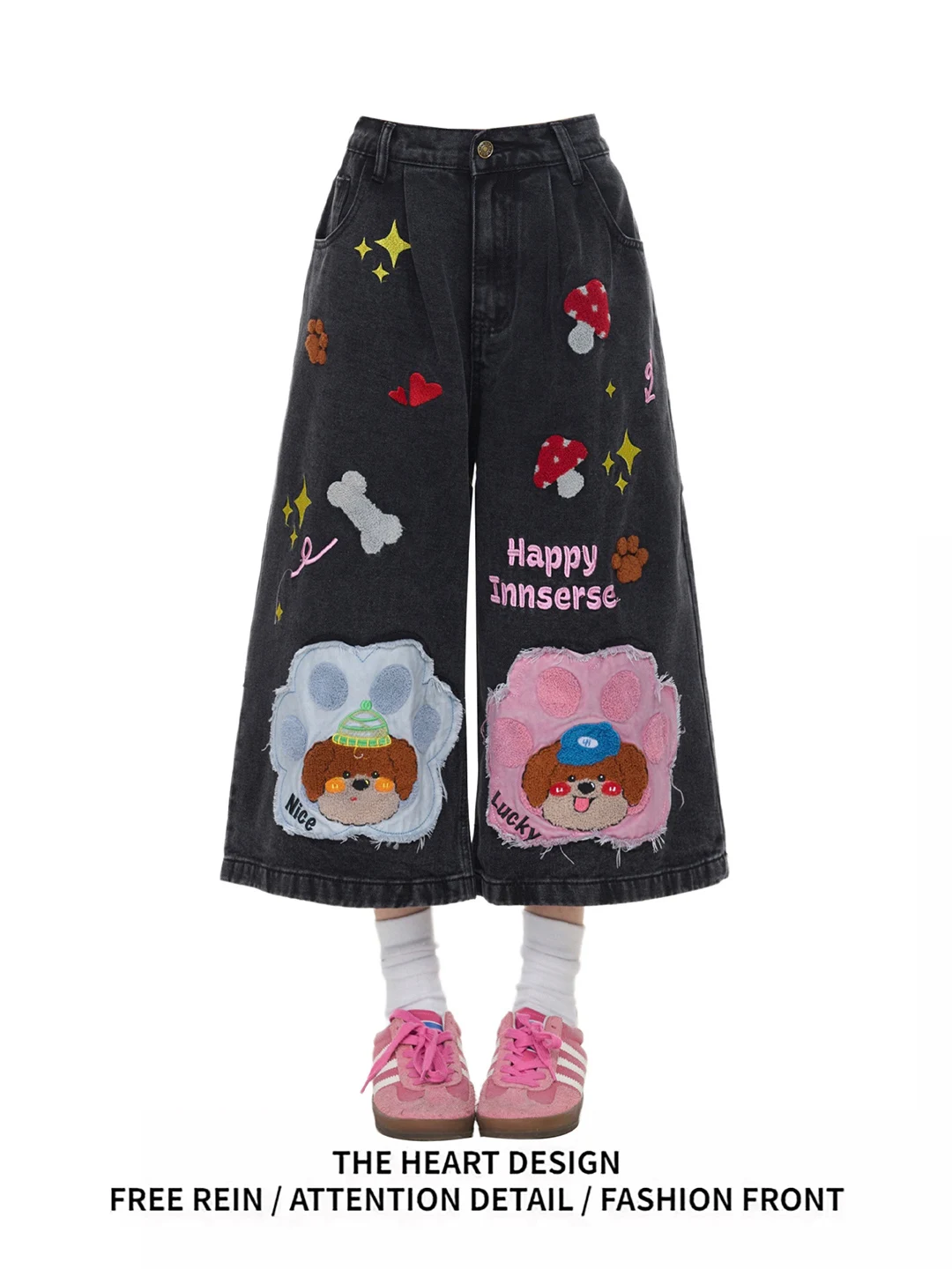 Fun Cartoon Flocking Embroidery 7/8 Length Women's Jeans Summer New Design Loose Wide Leg Short Pants Casual High Waist
Fun Cartoon Flocking Embroidery 7/8 Length Women's Jeans Summer New Design Loose Wide Leg Short Pants Casual High Waist