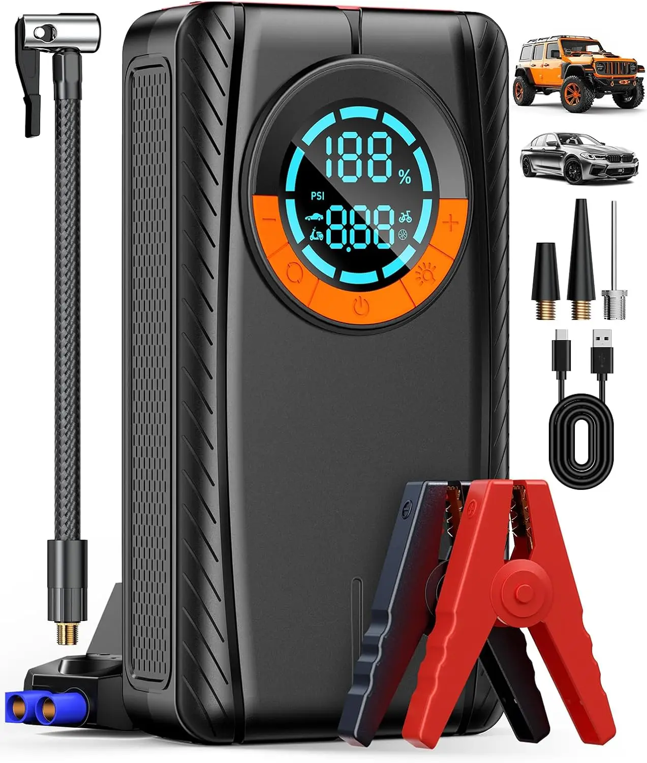 Portable Car Jump Starter with Air Compressor, 12V Battery Jumper for Gas/Diesel Engines, Tire Inflator & LED Light Included
Portable Car Jump Starter with Air Compressor, 12V Battery Jumper for Gas/Diesel Engines, Tire Inflator & LED Light Included