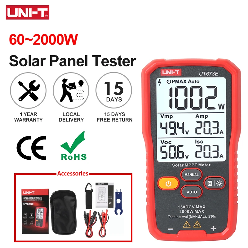 UNI-T Solar Mppt Power Meter UT673E 60-2000W Photovoltaic Panels Tester Pmax Vmp Imp Voc Isc Test Solar Panel Tester
UNI-T Solar Mppt Power Meter UT673E 60-2000W Photovoltaic Panels Tester Pmax Vmp Imp Voc Isc Test Solar Panel Tester