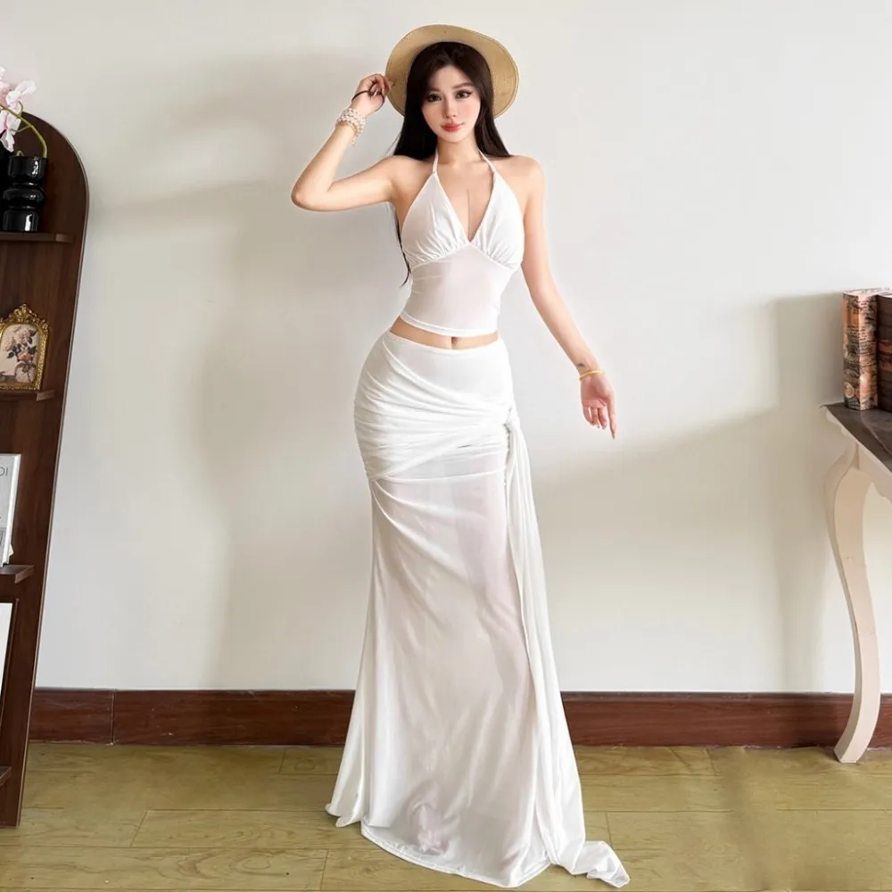 SylCue Ruched Elegant 2 Piece Set Woman Halter V-Neck Backless Camisole Tops+Mesh Patchwork Kink Design Long Skirts Fashion Suit
SylCue Ruched Elegant 2 Piece Set Woman Halter V-Neck Backless Camisole Tops+Mesh Patchwork Kink Design Long Skirts Fashion Suit