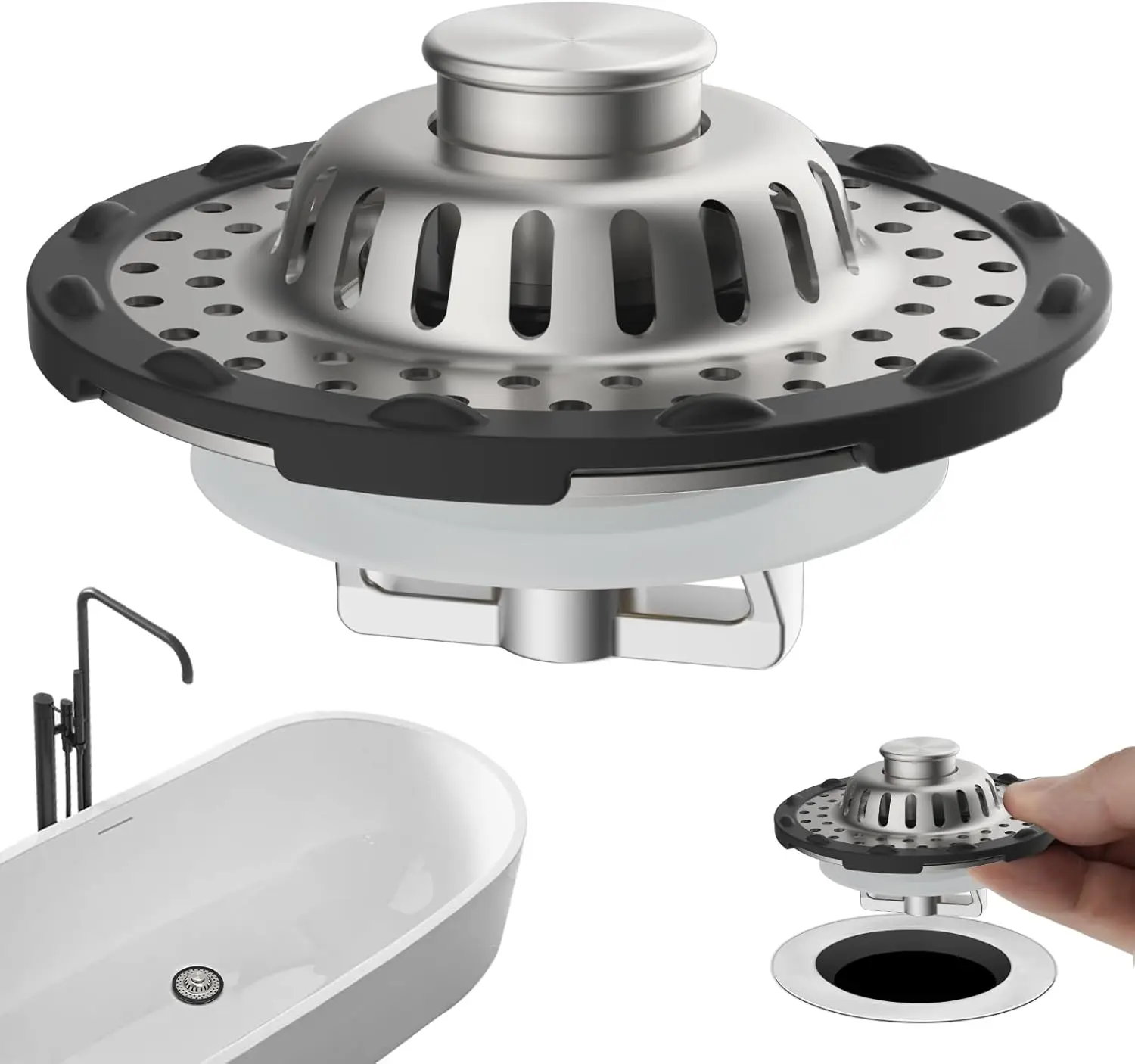 Universal Bathtub Drain Stopper Hair Catcher, 3-in-1 Pop-up Drain with Visible Strainer, Fits 1.5-2.4" Holes, Brushed Nickel
Universal Bathtub Drain Stopper Hair Catcher, 3-in-1 Pop-up Drain with Visible Strainer, Fits 1.5-2.4" Holes, Brushed Nickel