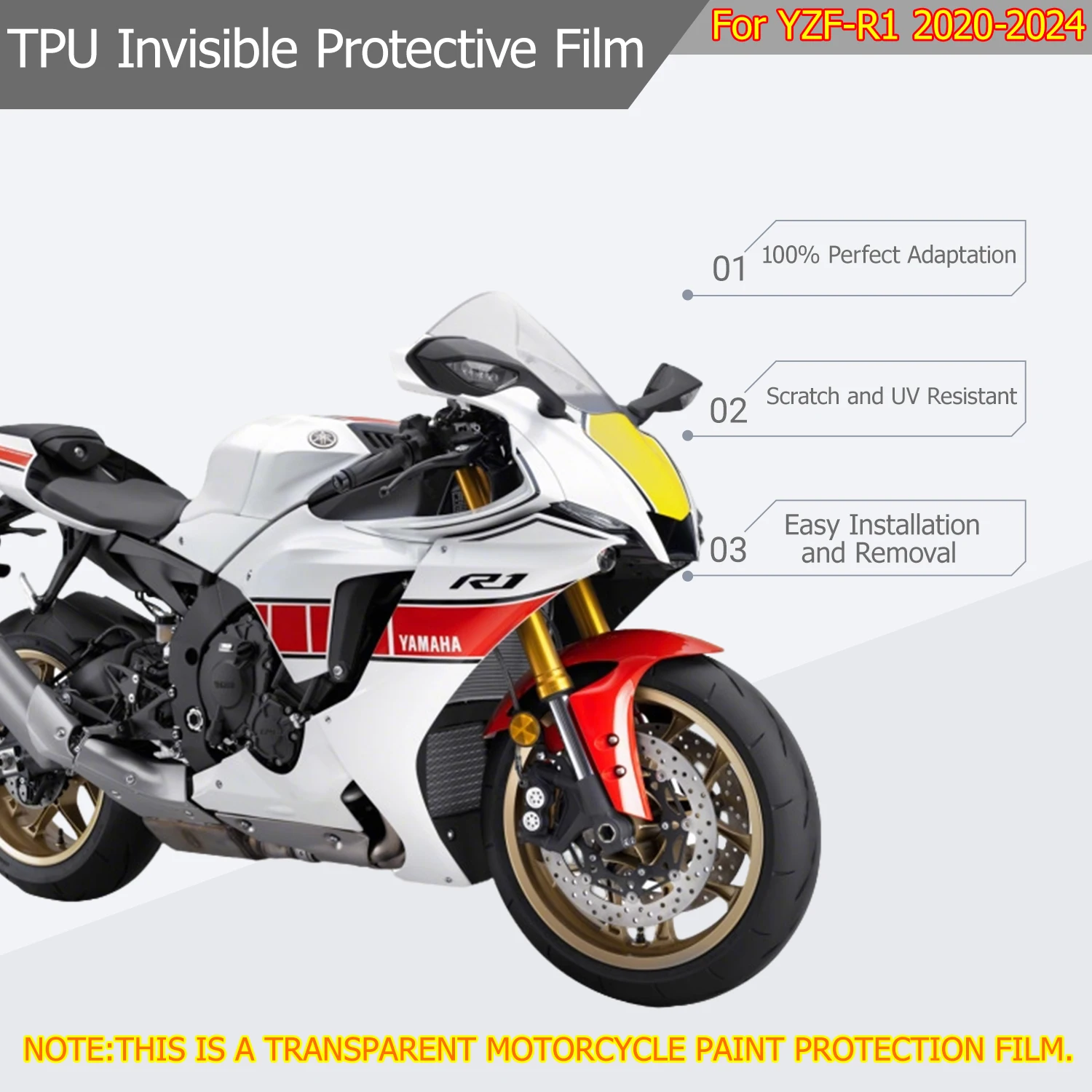 For Yamaha YZF-R1 2020-2024 PPF Motorcycle Paint Protection Film Clear Invisible Wrap Anti-scratch UV Resistant Easy Install
For Yamaha YZF-R1 2020-2024 PPF Motorcycle Paint Protection Film Clear Invisible Wrap Anti-scratch UV Resistant Easy Install