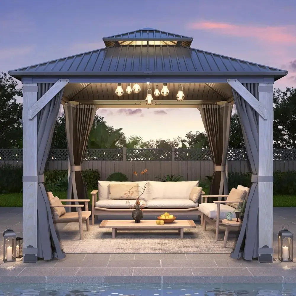 10' x 10' Outdoor Wooden Gazebo with Permanent Hardtop and Double Curtains for Garden, Lawn, and Poolside
10' x 10' Outdoor Wooden Gazebo with Permanent Hardtop and Double Curtains for Garden, Lawn, and Poolside