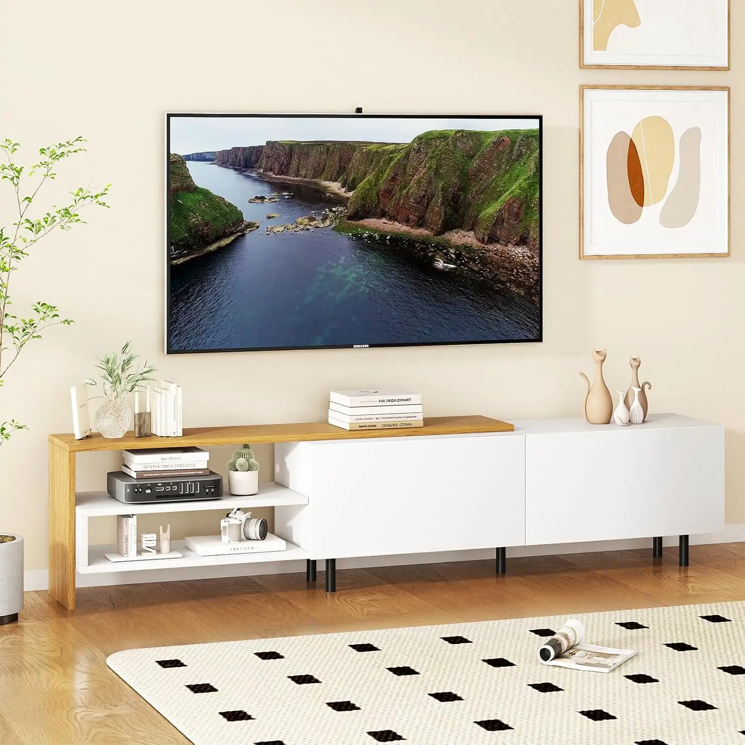 TV Stand For 80 Inch TVs, White Entertainment Center With Storage Cabinets, Open Shelves & Metal Legs, Modern Media, Customized
TV Stand For 80 Inch TVs, White Entertainment Center With Storage Cabinets, Open Shelves & Metal Legs, Modern Media, Customized