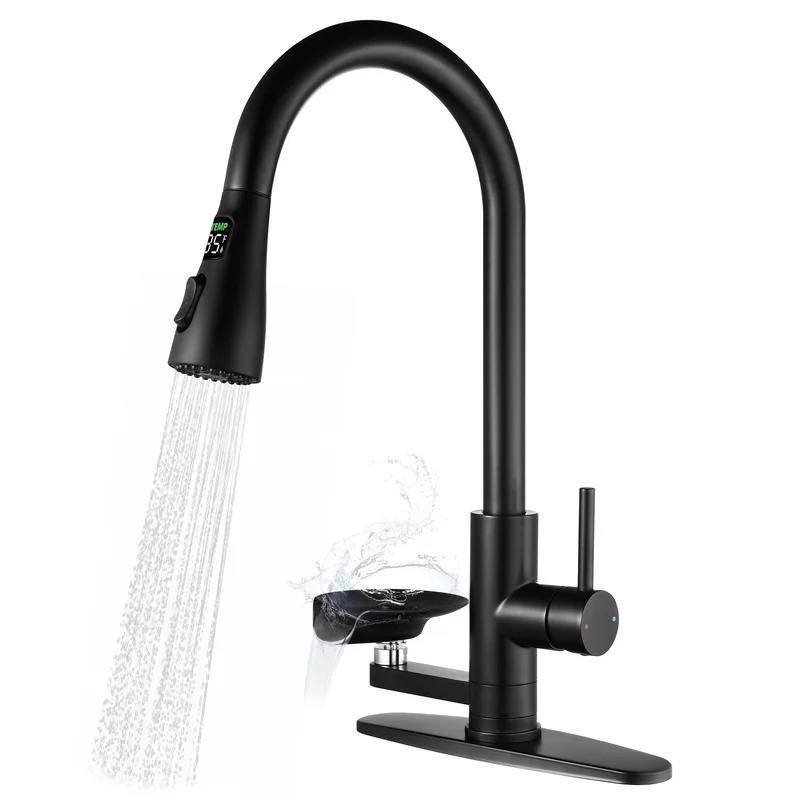 3-in-1 Kitchen Faucet with LED Temperature Indicator, Press Glass Rinser, Pull-Down Sprayer, 3 Spray Settings, Matte Black Finish
3-in-1 Kitchen Faucet with LED Temperature Indicator, Press Glass Rinser, Pull-Down Sprayer, 3 Spray Settings, Matte Black Finish