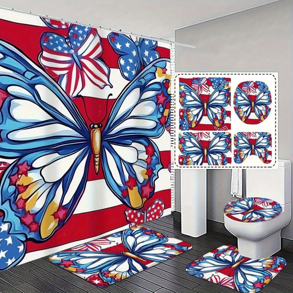 Классический патриотический набор для ванной комнаты-бабочки из 4 предметов — прочная занавеска для душа, нескользящие впитывающие коврики и крышка крышки унитаза — Perf 
Классический патриотический набор для ванной комнаты-бабочки из 4 предметов — прочная занавеска для душа, нескользящие впитывающие коврики и крышка крышки унитаза — Perf