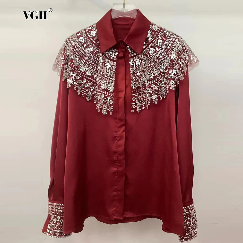 VGH Patchwork Sequins Cape Elegant Shirt for Women Lapel Lantern Sleeve Spliced Button Red Color Temperament Blouse Female New
VGH Patchwork Sequins Cape Elegant Shirt for Women Lapel Lantern Sleeve Spliced Button Red Color Temperament Blouse Female New