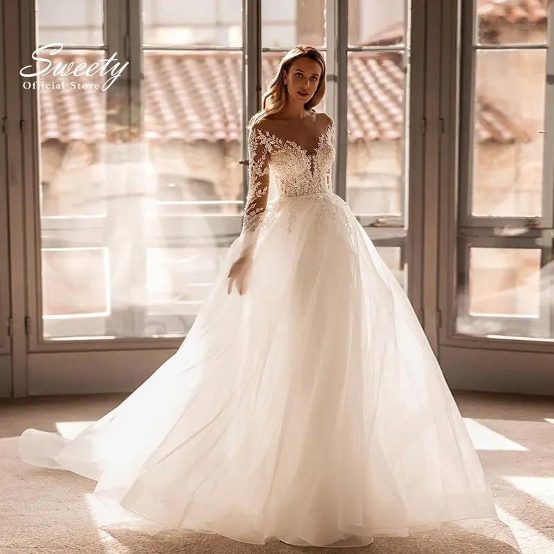 Full Sleeve Wedding Dress Elegant Embroidered Lace On Net With A-Line Ball Gown O-Neck Bridal Button Vestido De Novia Customized
Full Sleeve Wedding Dress Elegant Embroidered Lace On Net With A-Line Ball Gown O-Neck Bridal Button Vestido De Novia Customized