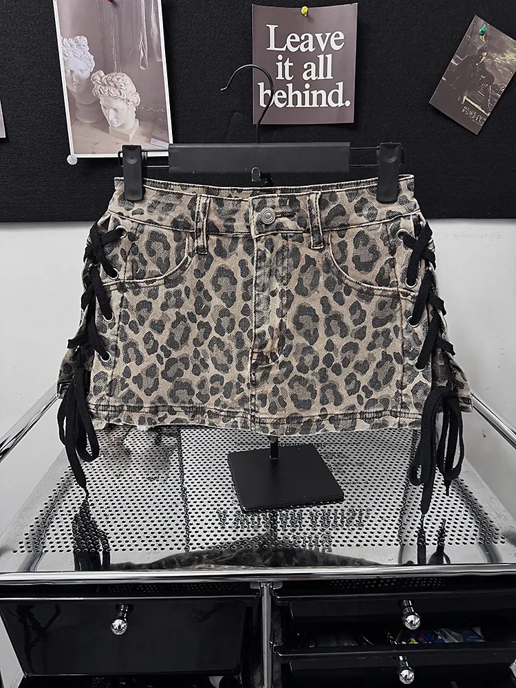 Outlet Leopard Print Rope Bound Denim Skirt Retro Sexy Bodycon A-Line Short Skirt Casual High Waist Summer Dress 16 Sc6b33a6dbee74e6988e3e09642d920e0m