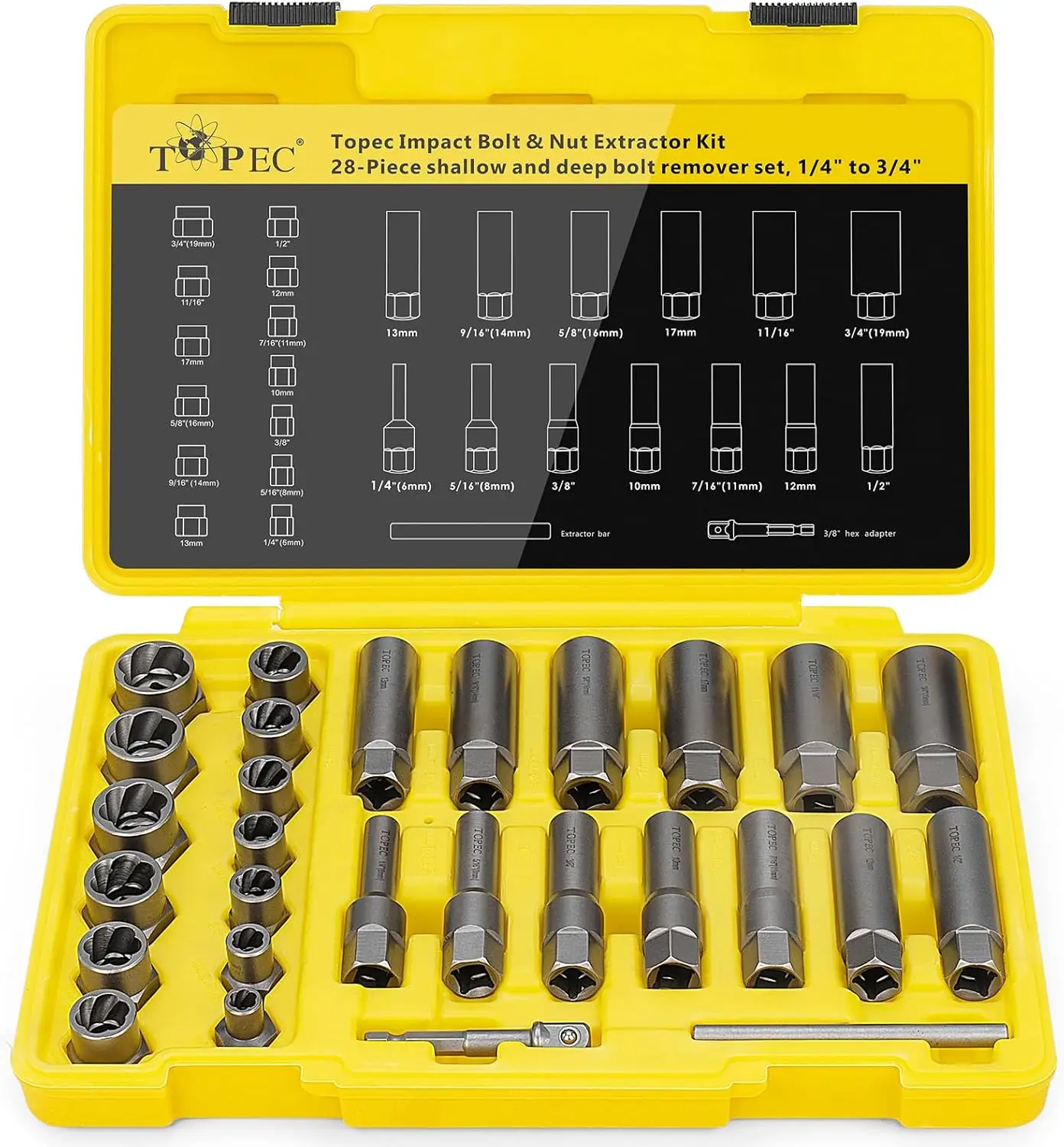 28PCS Bolt Extractor Set, 3/8" Drive, Stripped & Broken Bolt Remover, Lug Nut Removal Tool for Auto Repair
28PCS Bolt Extractor Set, 3/8" Drive, Stripped & Broken Bolt Remover, Lug Nut Removal Tool for Auto Repair