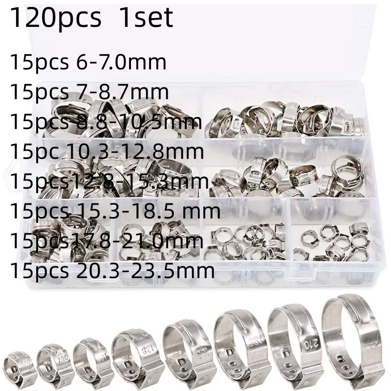 120Pcs Hose Clamps Stainless Steel 6-23.5mm 1-Ear Stepless Clamp Worm Drive Fuel Water Hose Pipe Clamps
120Pcs Hose Clamps Stainless Steel 6-23.5mm 1-Ear Stepless Clamp Worm Drive Fuel Water Hose Pipe Clamps