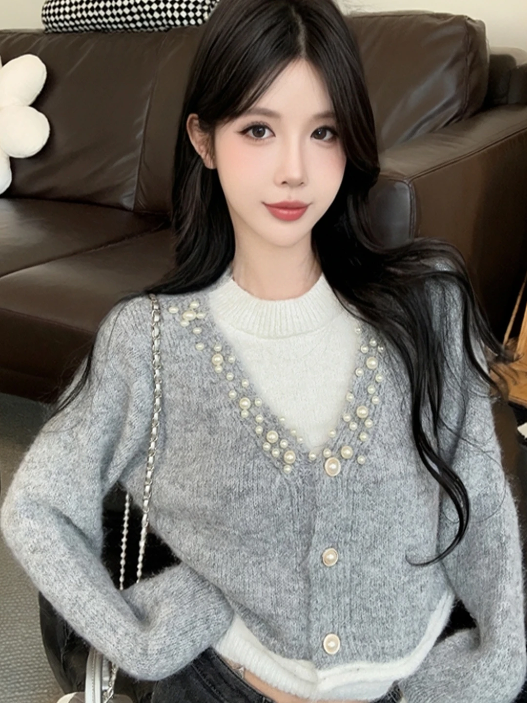 Gray Knitted Sweater Women's Overhead Style Loose Fit Fashionable Layering Casual Chic Winter Long Sleeve V-Neck Button Detail
Gray Knitted Sweater Women's Overhead Style Loose Fit Fashionable Layering Casual Chic Winter Long Sleeve V-Neck Button Detail