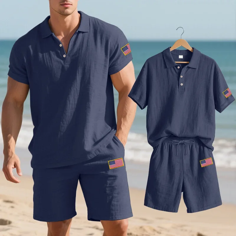 Рубашка-поло с логотипом американского флага, новые летние мужские повседневные льняные рубашки с короткими рукавами и шорты, пляжный костюм для мужчин 
Рубашка-поло с логотипом американского флага, новые летние мужские повседневные льняные рубашки с короткими рукавами и шорты, пляжный костюм для мужчин