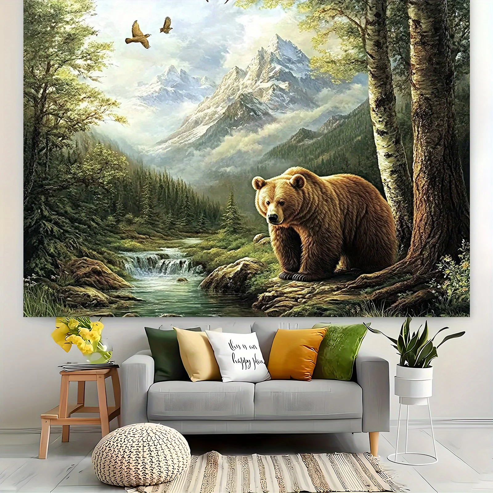 Гризли с видом на горы, мечтательный фон, ткань, сцена с лесным водопадом и медведем в сельском стиле
Гризли с видом на горы, мечтательный фон, ткань, сцена с лесным водопадом и медведем в сельском стиле