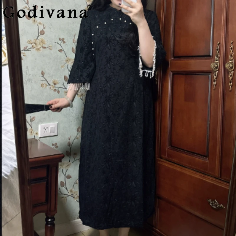 Spring Autumn Large Size Improved Cheongsam New Chinese Dress Elegant Girl High Waist A-line Five-quarter Sleeve Tassel Dresses
Spring Autumn Large Size Improved Cheongsam New Chinese Dress Elegant Girl High Waist A-line Five-quarter Sleeve Tassel Dresses