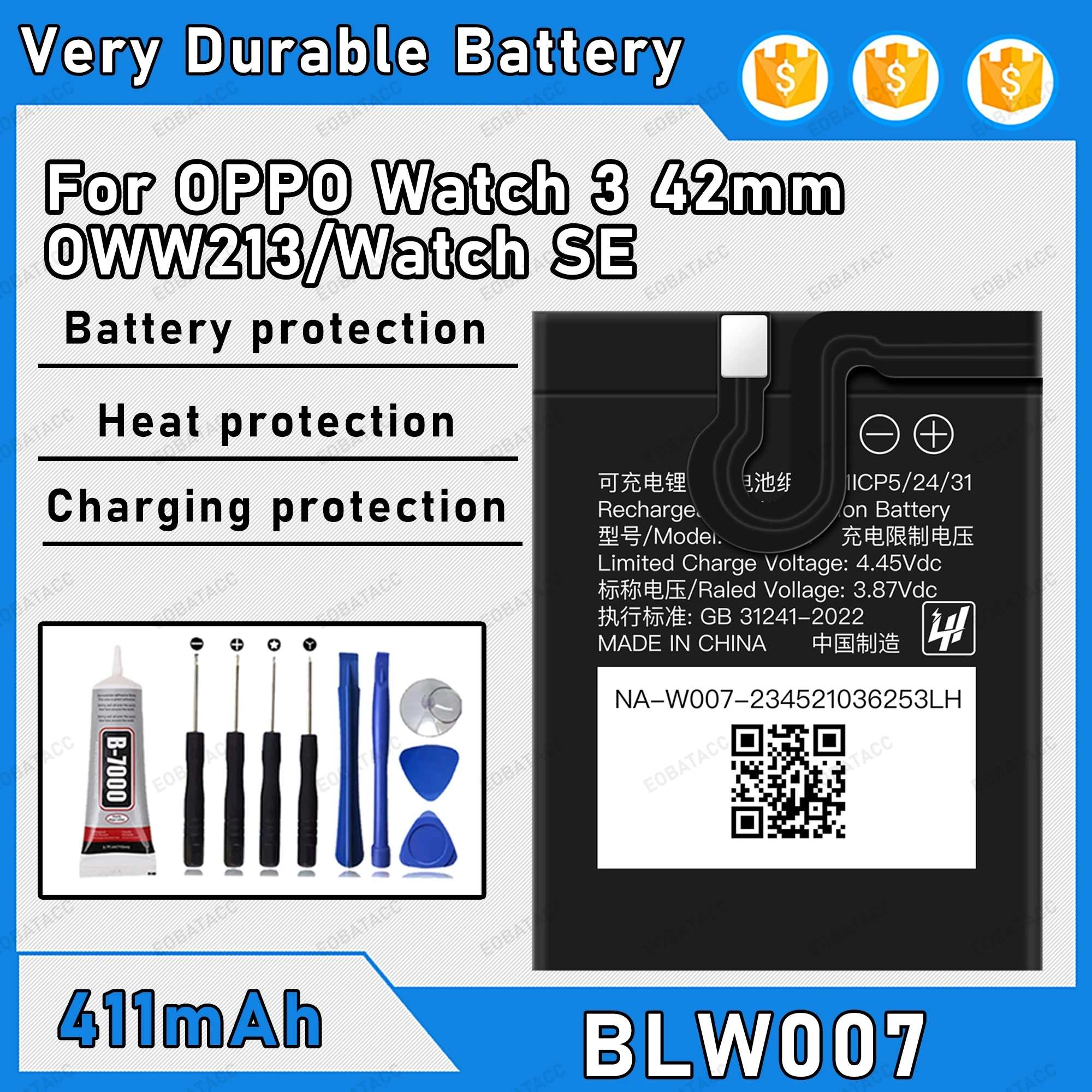 411mAh 100% New BLW007 Battery For OPPO Watch 3 42mm/OWW213A/Watch SE Replacement Bateria+Free Tools
411mAh 100% New BLW007 Battery For OPPO Watch 3 42mm/OWW213A/Watch SE Replacement Bateria+Free Tools