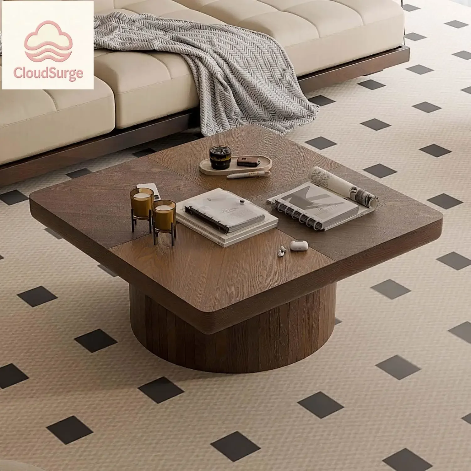Modern Square Coffee Table with Cylindrical Base, Wood Coffee Table with Parquet Pattern & Thickened Tabletop, Center Table Tea
Modern Square Coffee Table with Cylindrical Base, Wood Coffee Table with Parquet Pattern & Thickened Tabletop, Center Table Tea