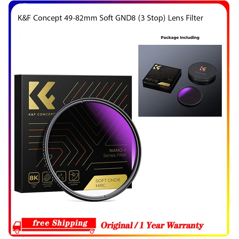 K&F Concept 49-82mm Soft GND8 (3 Stop) Lens Filter Soft Graduated Neutral Density Filter with 28 Multi-Layer Coatings
K&F Concept 49-82mm Soft GND8 (3 Stop) Lens Filter Soft Graduated Neutral Density Filter with 28 Multi-Layer Coatings