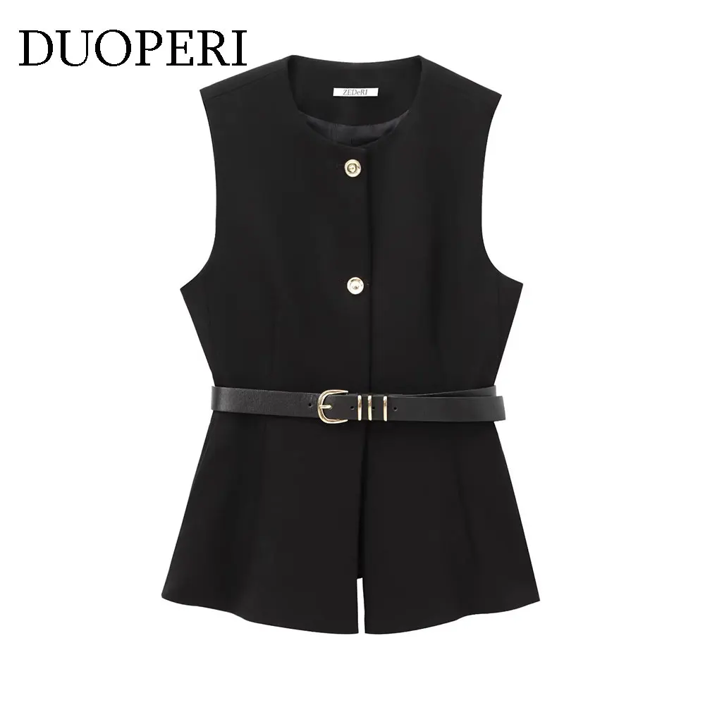 DUOPERI Women Fashion With Belt Black Waistcoats Vest Single Breasted O-Neck Sleeveless Jackets Female Chic Lady Tank Tops
DUOPERI Women Fashion With Belt Black Waistcoats Vest Single Breasted O-Neck Sleeveless Jackets Female Chic Lady Tank Tops