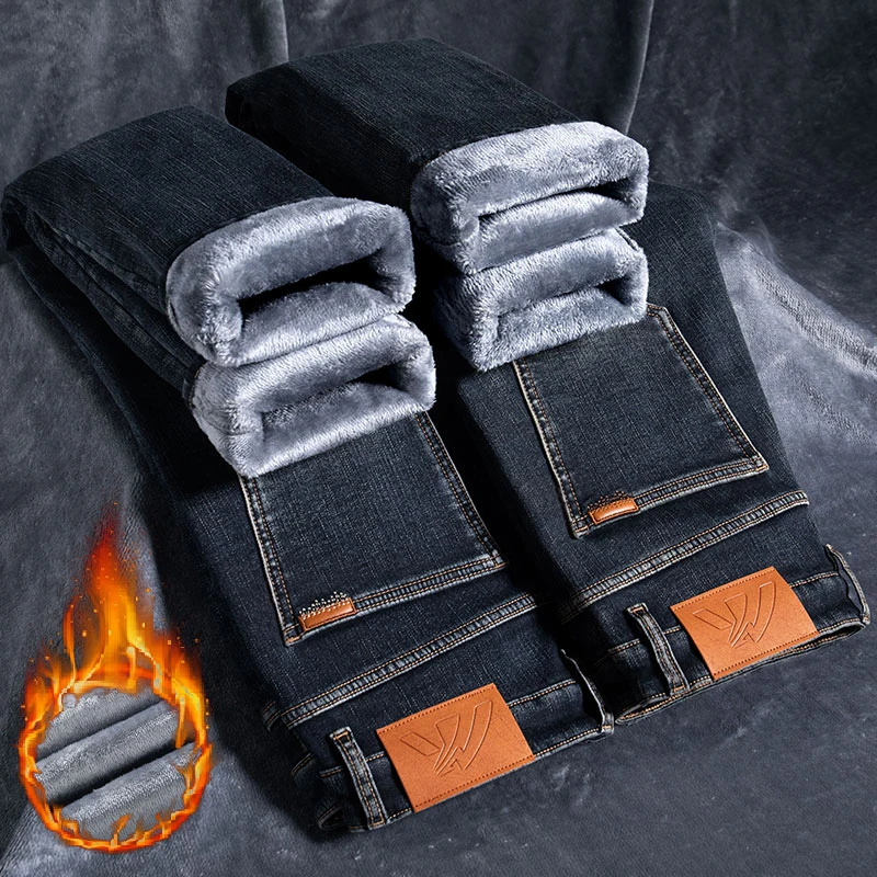 Winter New Men's Fleece Warm Jeans Thickened Velvet Classic Fitted Straight Business Casual Trousers High Quality Plush Pants 
Winter New Men's Fleece Warm Jeans Thickened Velvet Classic Fitted Straight Business Casual Trousers High Quality Plush Pants