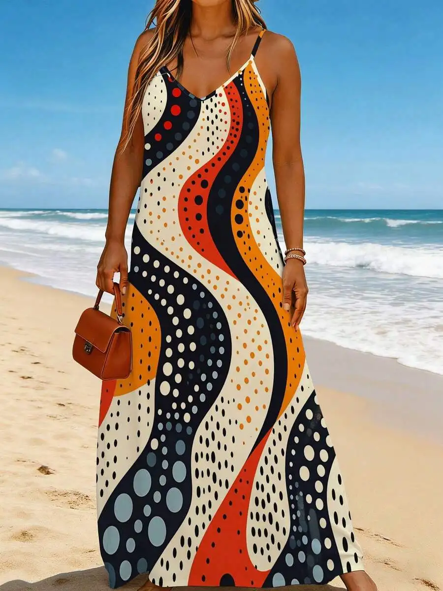 V Neck Strap Maxi Dress Abstract Wave Pattern Beach Party Fashion
V Neck Strap Maxi Dress Abstract Wave Pattern Beach Party Fashion