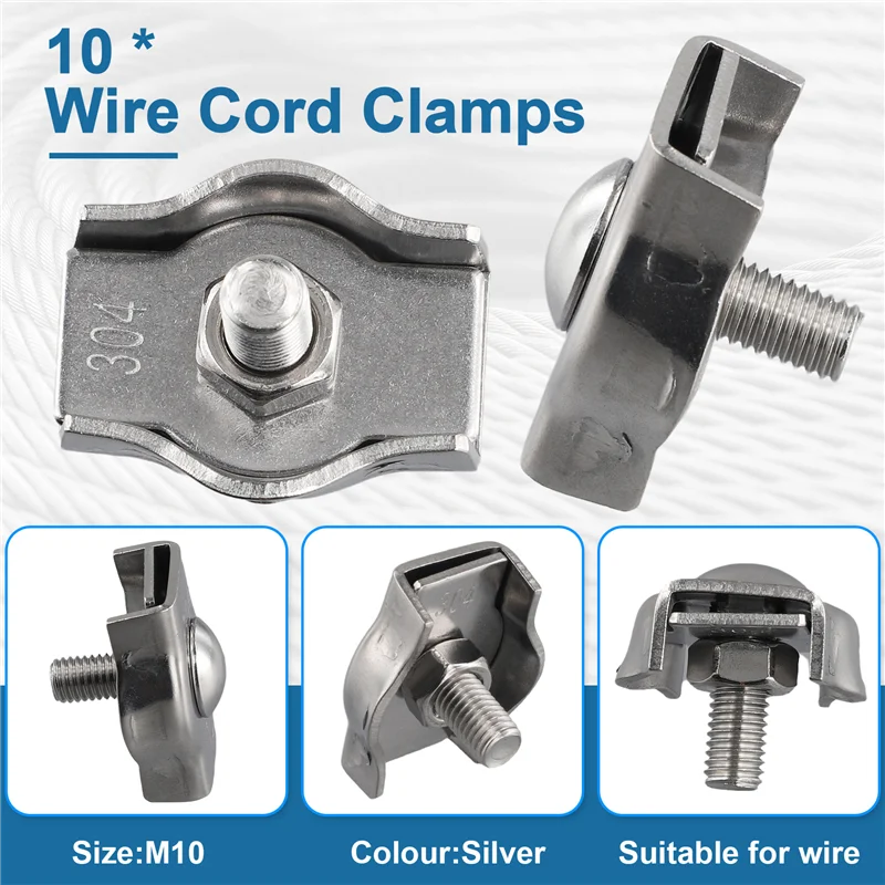 -AA95 10Pcs Clamps, Wire Cord Clamps, Stainless Steel 304 Cable Clamps, Wire Rope Steel Cable Fixing Clip M10
-AA95 10Pcs Clamps, Wire Cord Clamps, Stainless Steel 304 Cable Clamps, Wire Rope Steel Cable Fixing Clip M10