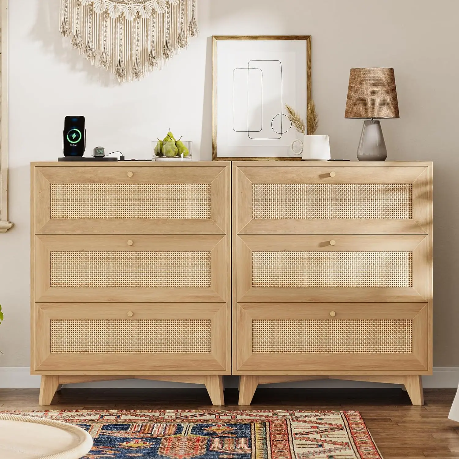 Rattan Nightstand Set of 2 with Charging Station, Natural Rattan Night Stand with 3 Large Wicker Decorated Drawers, Boho
Rattan Nightstand Set of 2 with Charging Station, Natural Rattan Night Stand with 3 Large Wicker Decorated Drawers, Boho