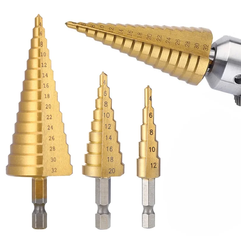 4-32 mm 4-20 mm HSS Titanium Coated Step Drill Bit High Speed Steel Metal Wood Hole Cutter Cone Drilling Tool
4-32 mm 4-20 mm HSS Titanium Coated Step Drill Bit High Speed Steel Metal Wood Hole Cutter Cone Drilling Tool