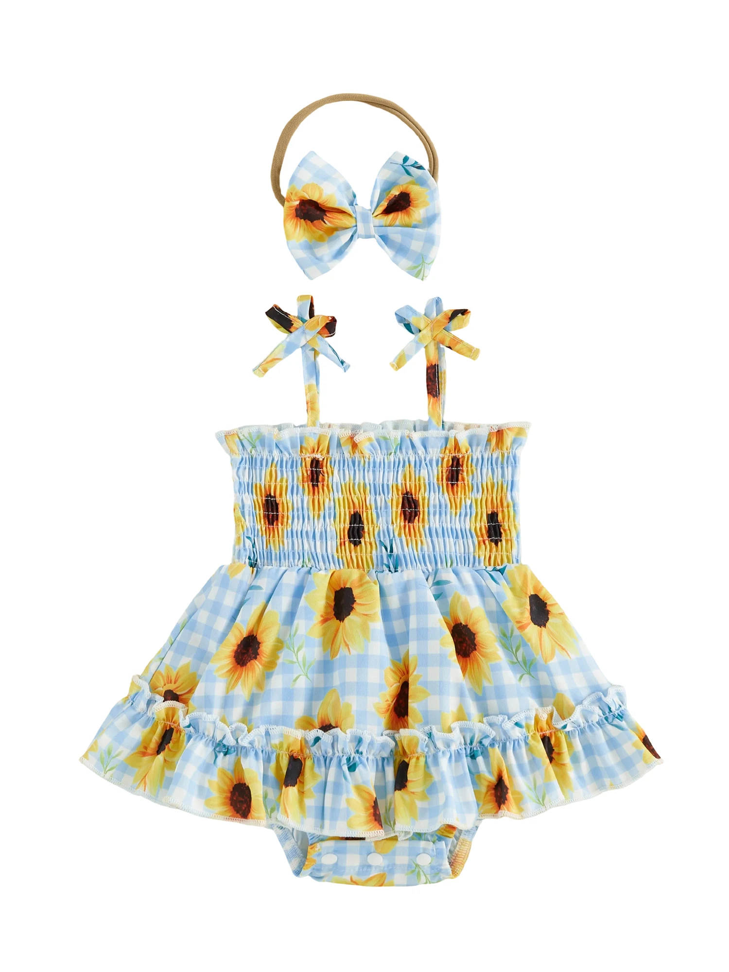 Toddler Floral Print Sleeveless Romper Dress with Matching Bow Headband and Smocked Bust Detail - Summer Jumpsuit for Baby Girl
Toddler Floral Print Sleeveless Romper Dress with Matching Bow Headband and Smocked Bust Detail - Summer Jumpsuit for Baby Girl